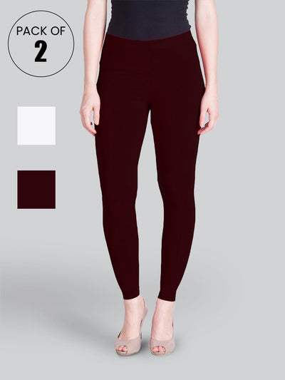 White and Maroon Ankle Length Leggings Combo Pack
