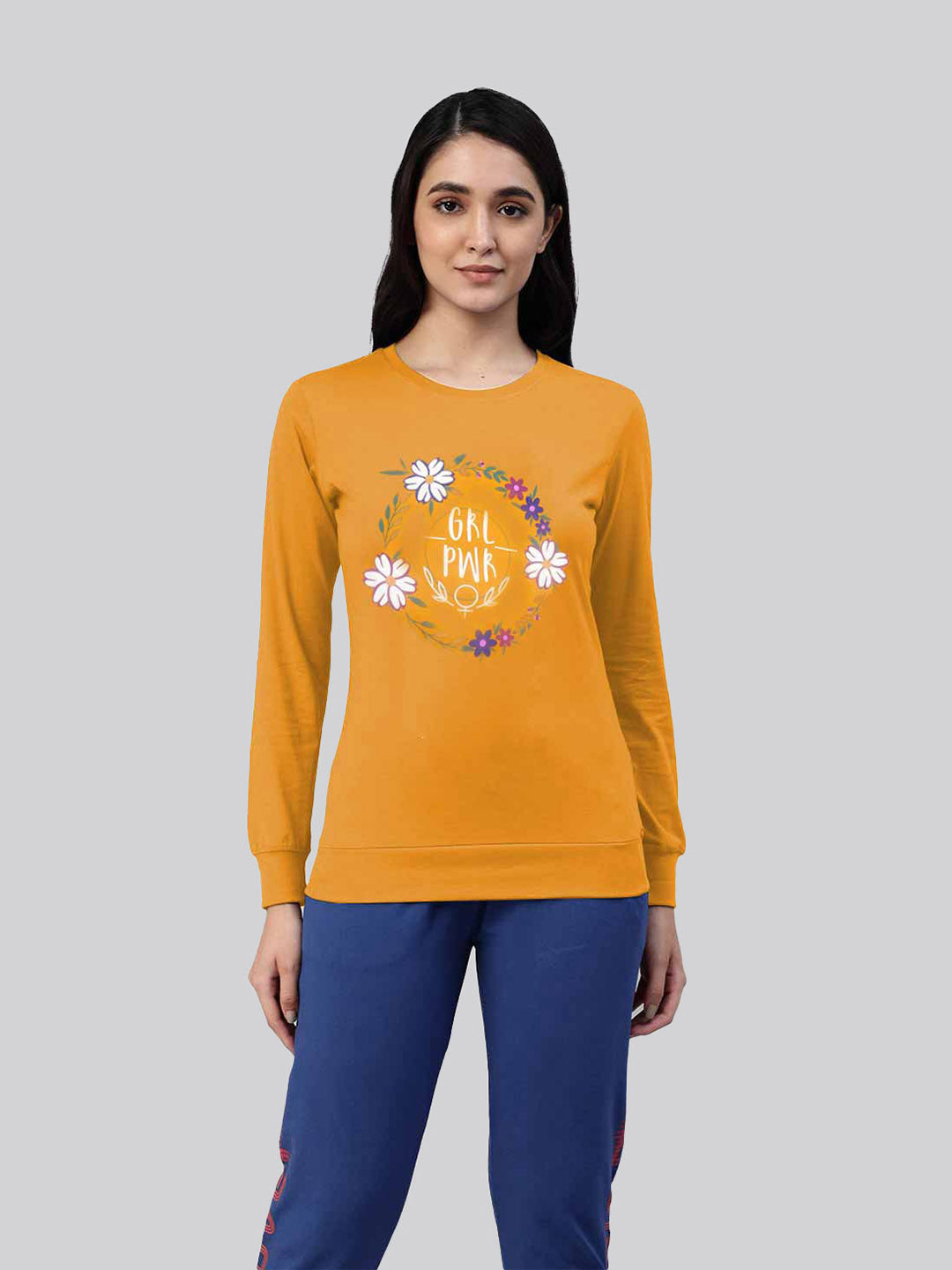 Yellow printed round neck t- shirt for women