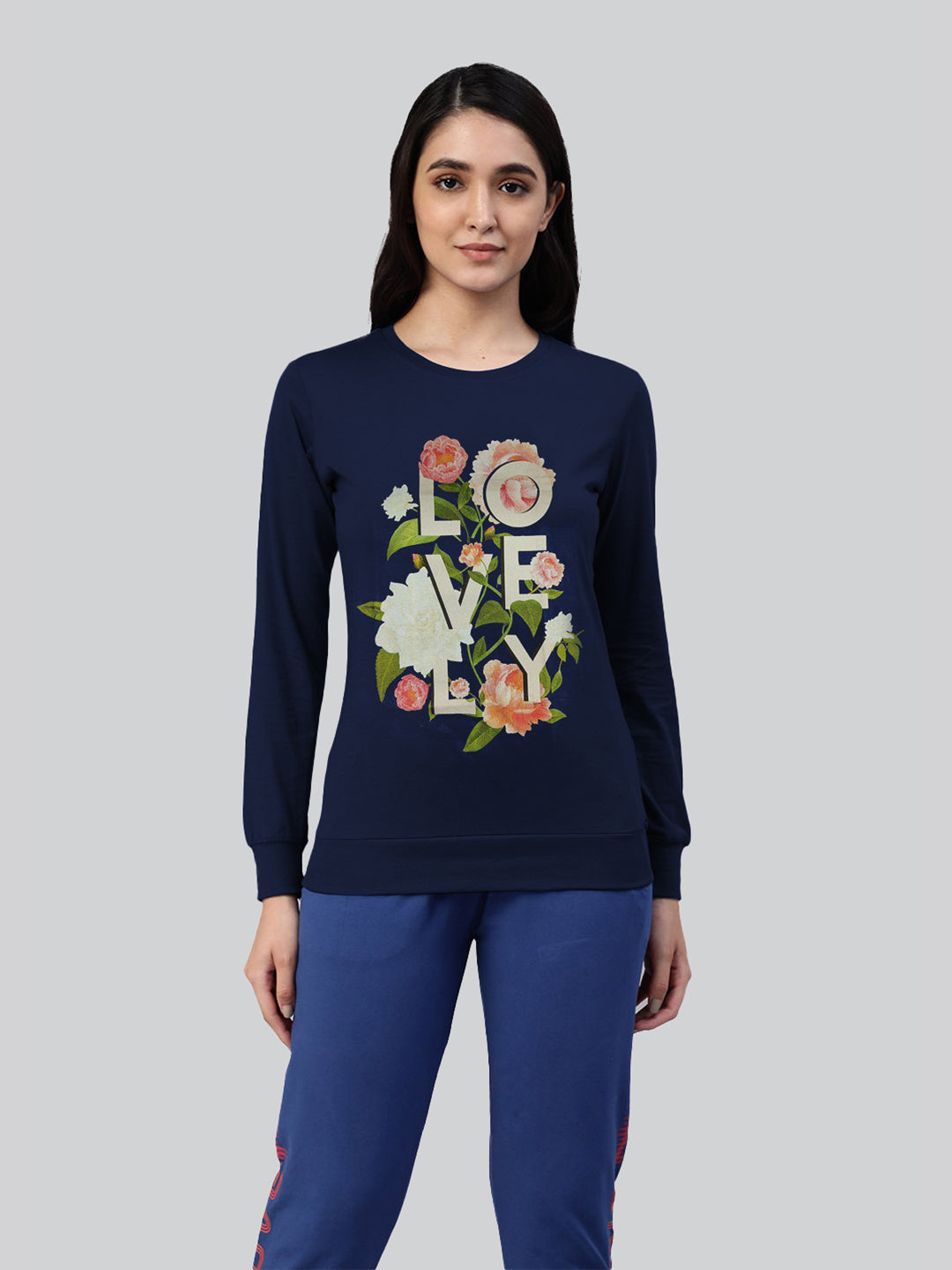Navy printed round neck t- shirt for women