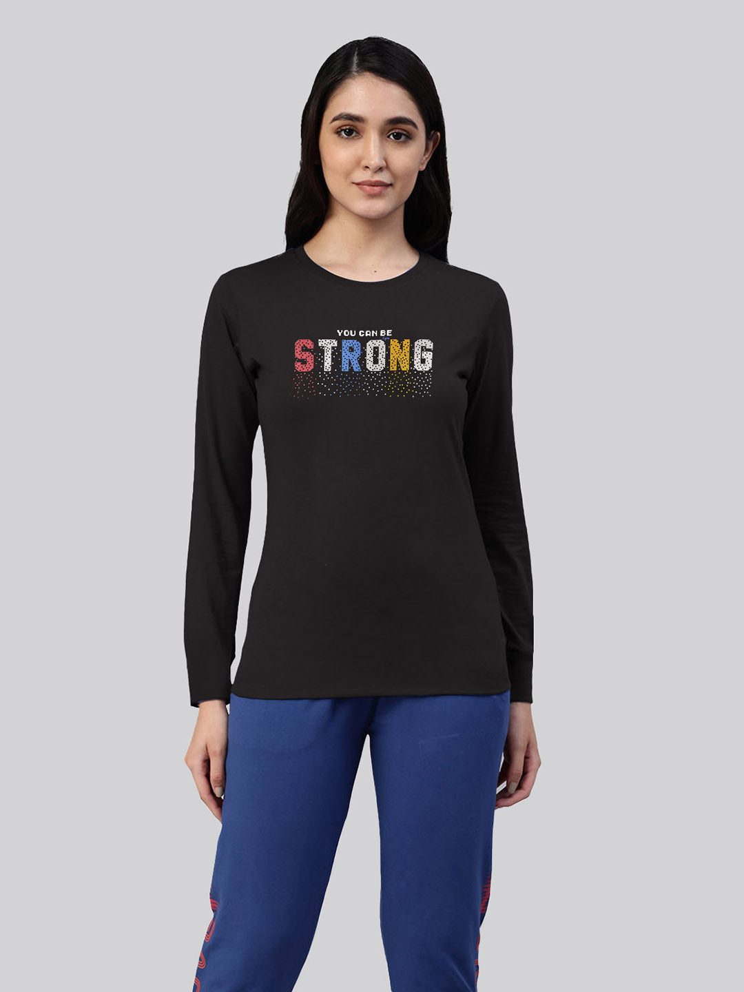 Black Printed Round Neck Full Sleeve T-Shirt #410