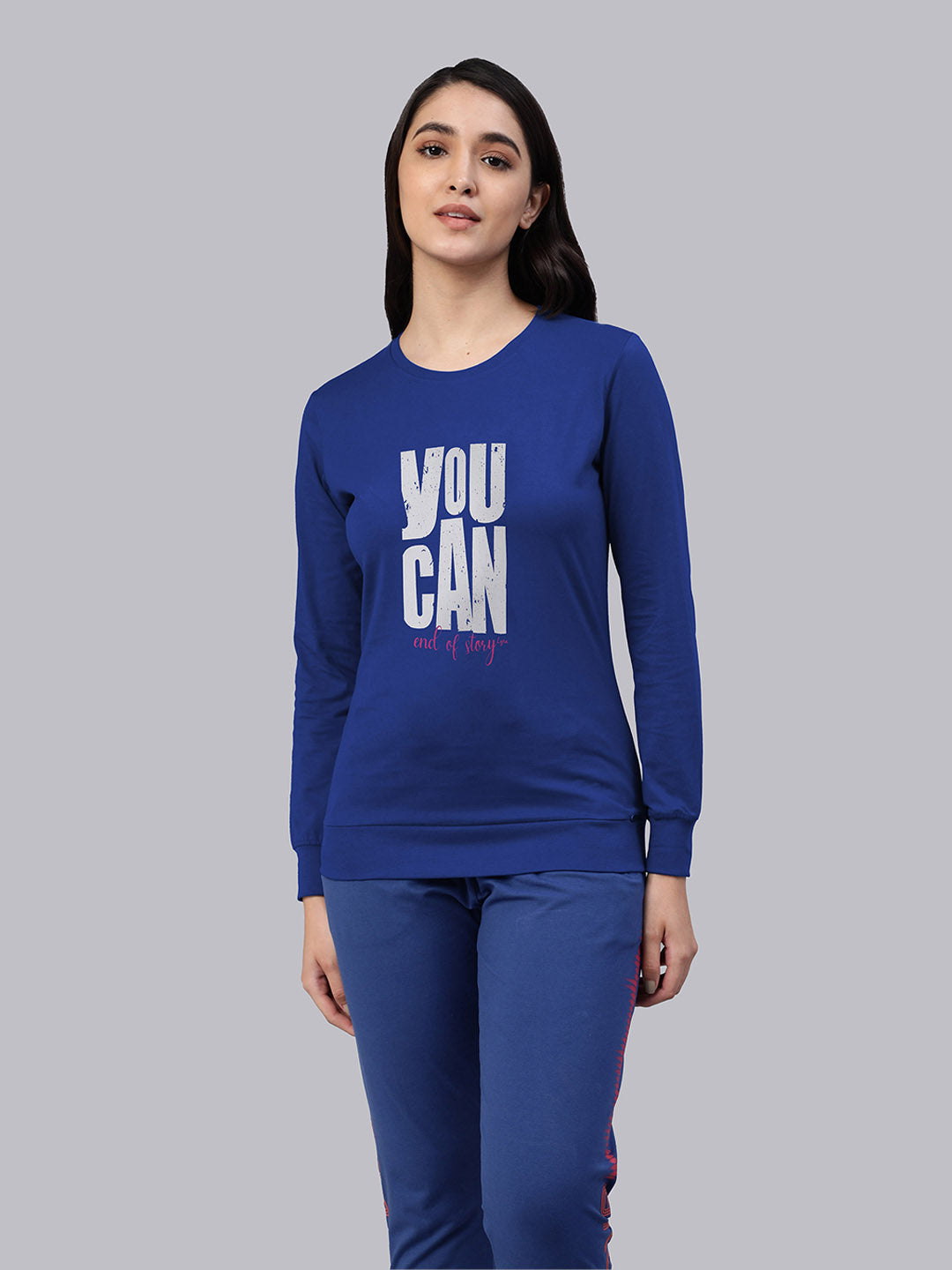 Blue Printed Round Neck Sweatshirt For Women