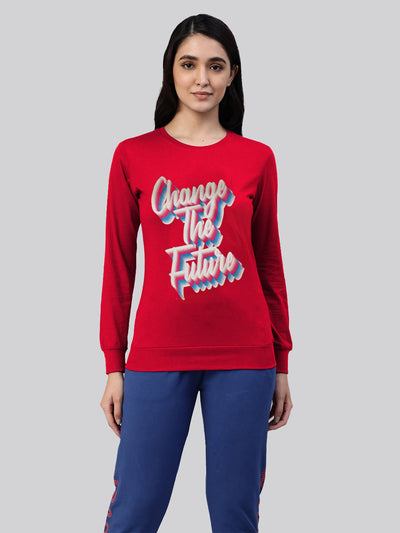 Red printed round neck t - shirt for women