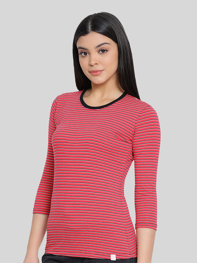 Pink Base with Black & White Stripes Round Neck 3/4 Sleeve T-Shirt #408