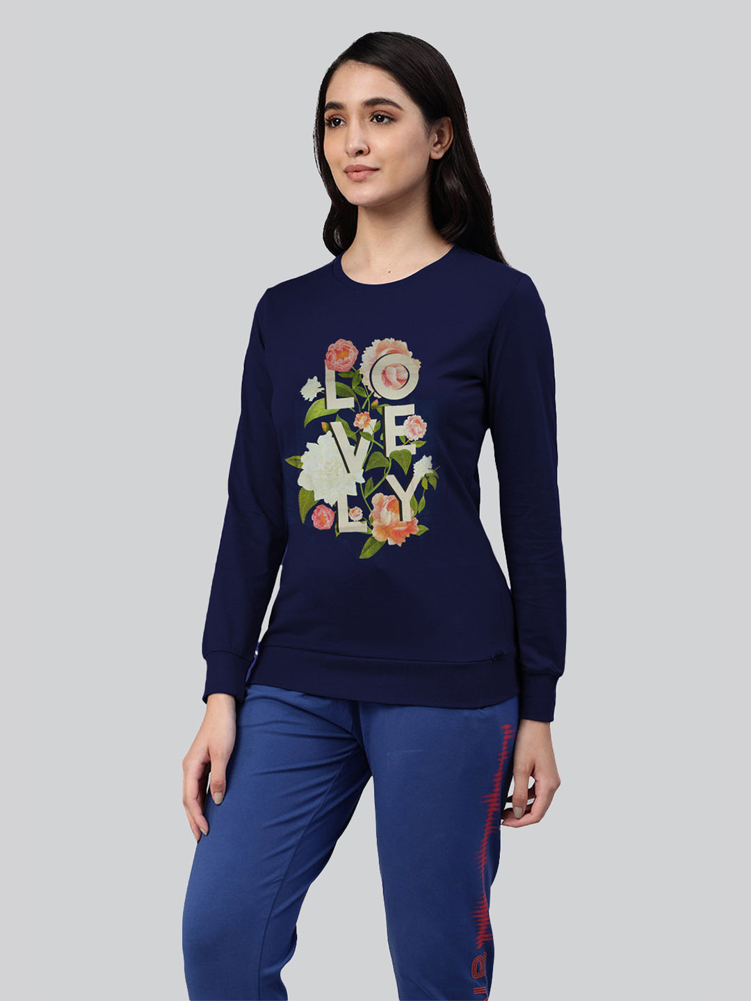 Navy printed round neck t- shirt for ladies