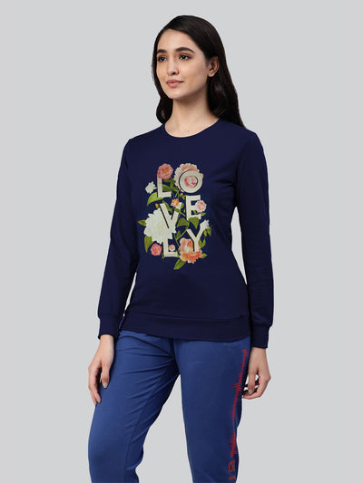 Navy printed round neck t- shirt for ladies