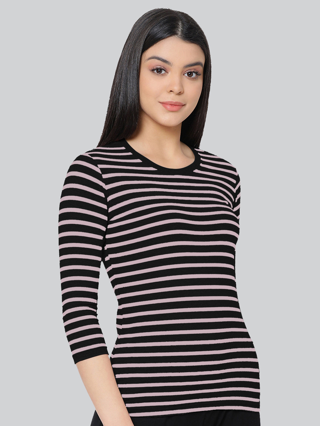 Black Base with Pink Stripes Round Neck 3/4 Sleeve T-Shirt #408