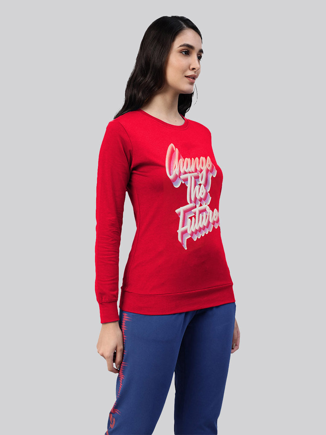 Red printed round neck ladies t - shirt
