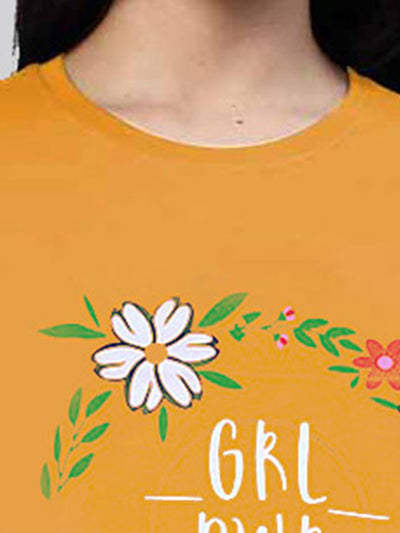 Yellow printed cotton t- shirt for women
