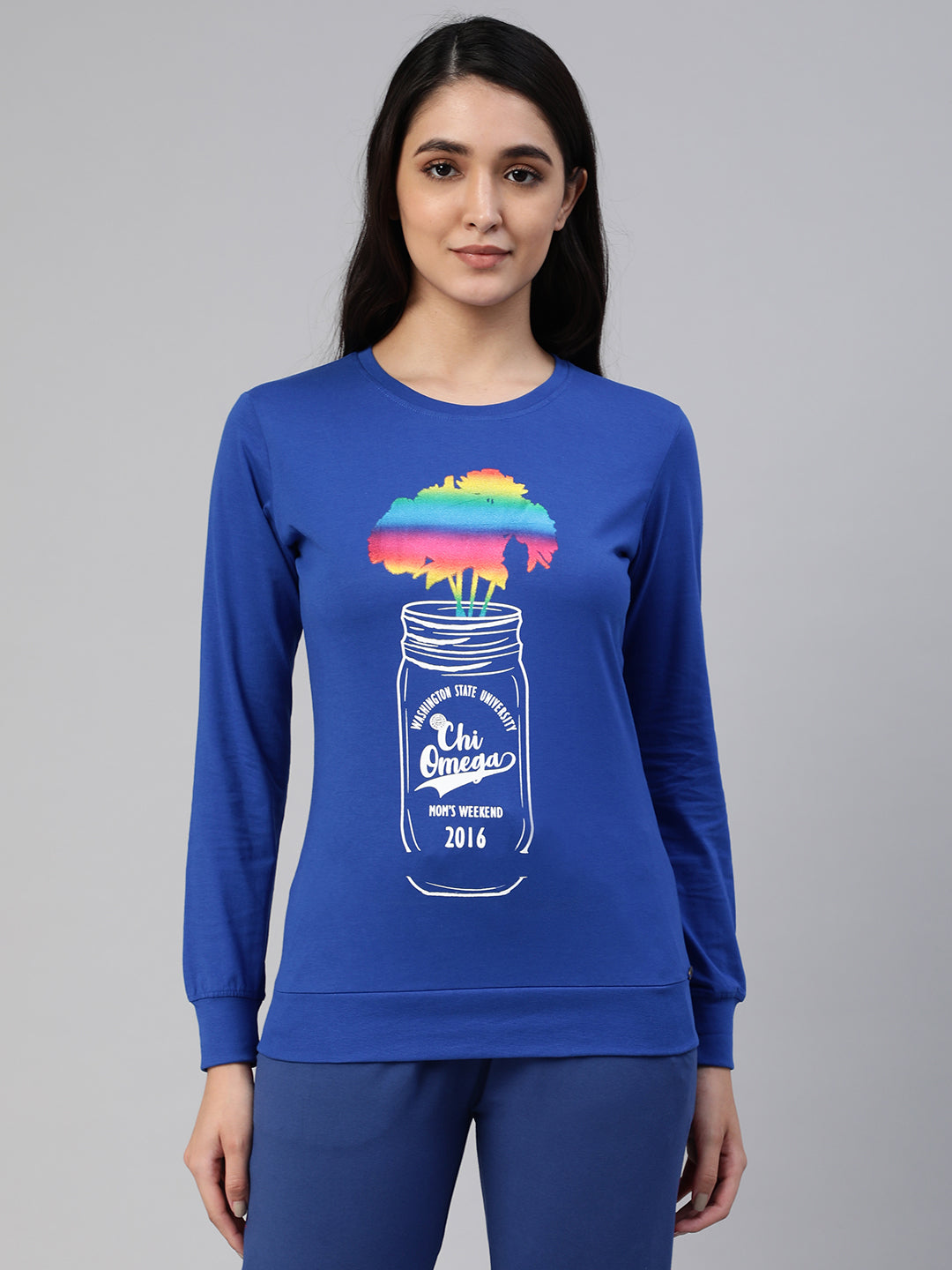 Blue printed round neck t- shirt for women