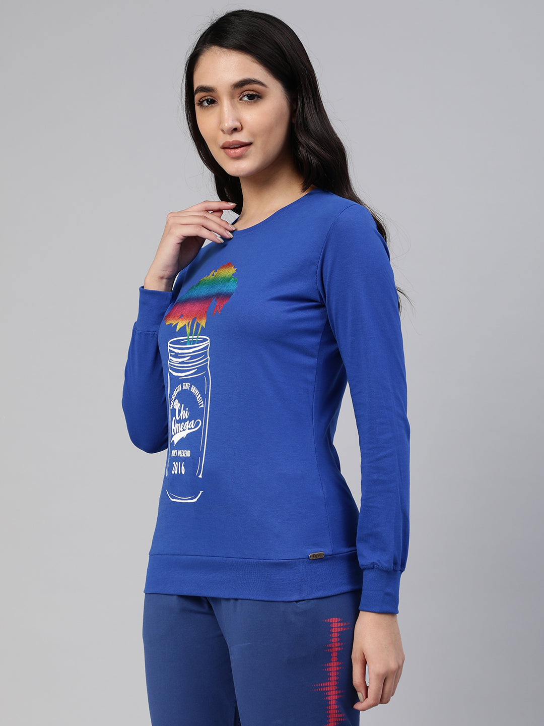 Blue printed round neck women's t- shirt