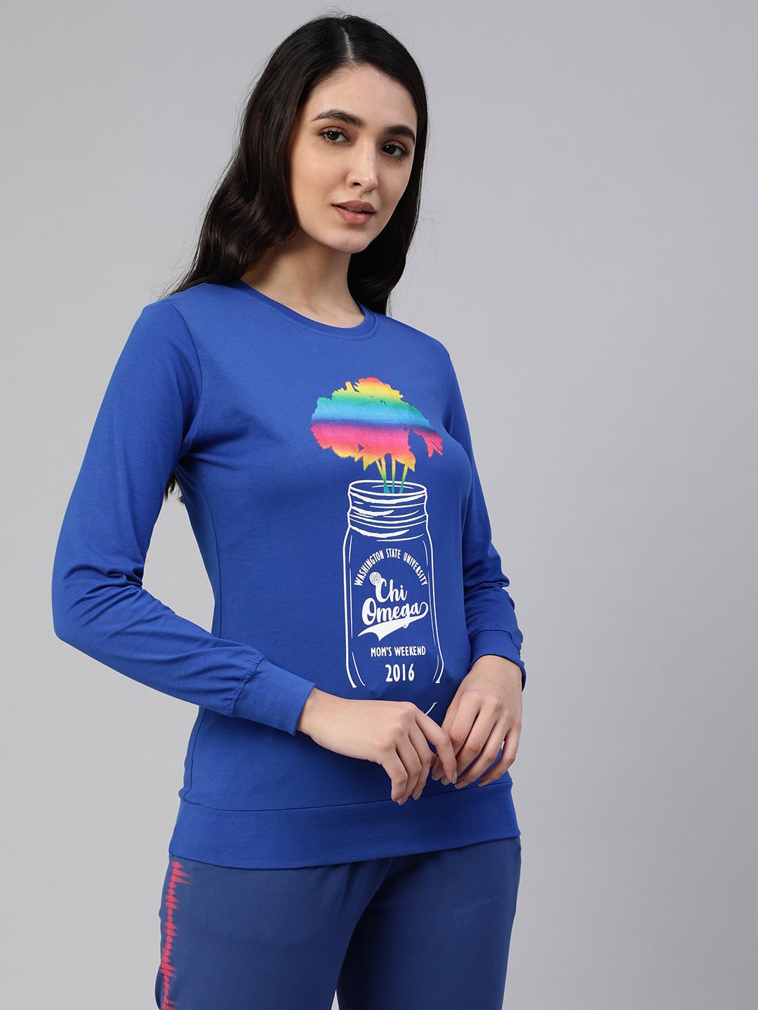 Blue printed round neck t- shirt for ladies