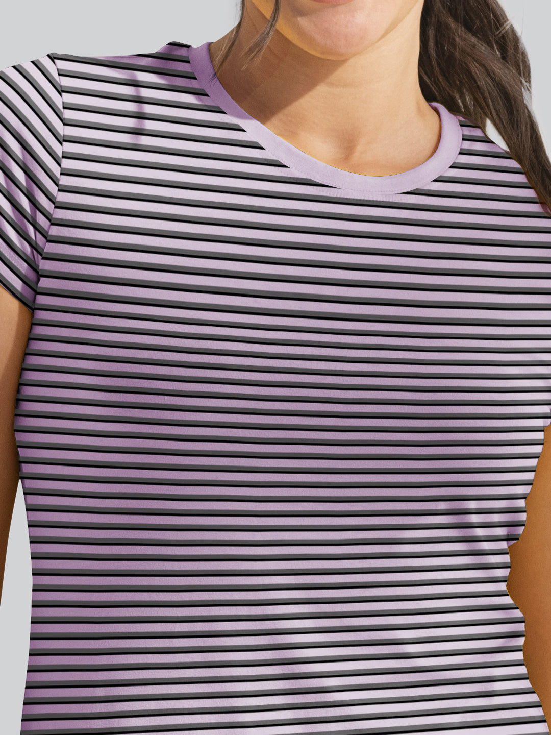 Violet Base with Grey and Black Stripes Round Neck T-Shirt #404
