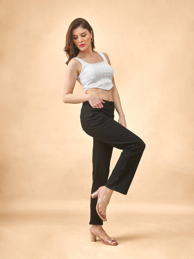 Black Wide-Leg Flared Mid-Rise Stretchable Jeans #802