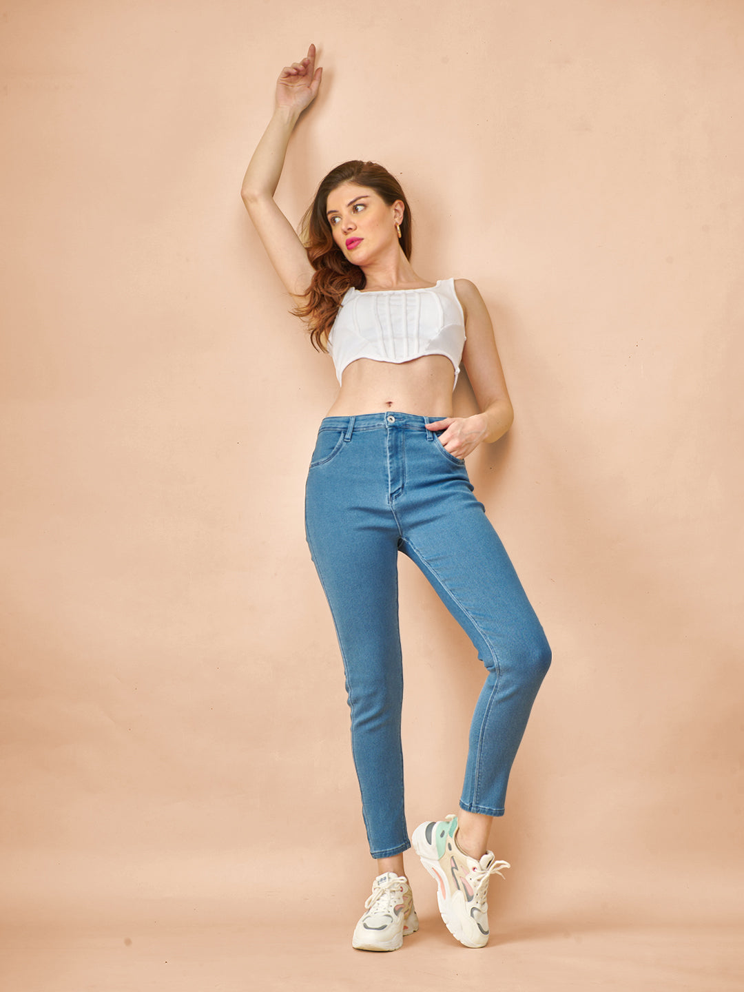 Blue High-Waist Ankle-Length Tapered Jeans #801