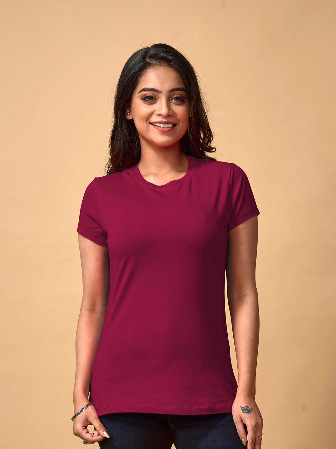 Maroon Round Neck Women's T-Shirt