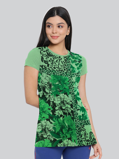 Green Printed Round Neck Long T-Shirt #406