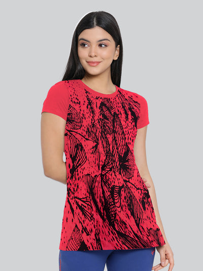 Red Printed Round Neck Long T-Shirt #406