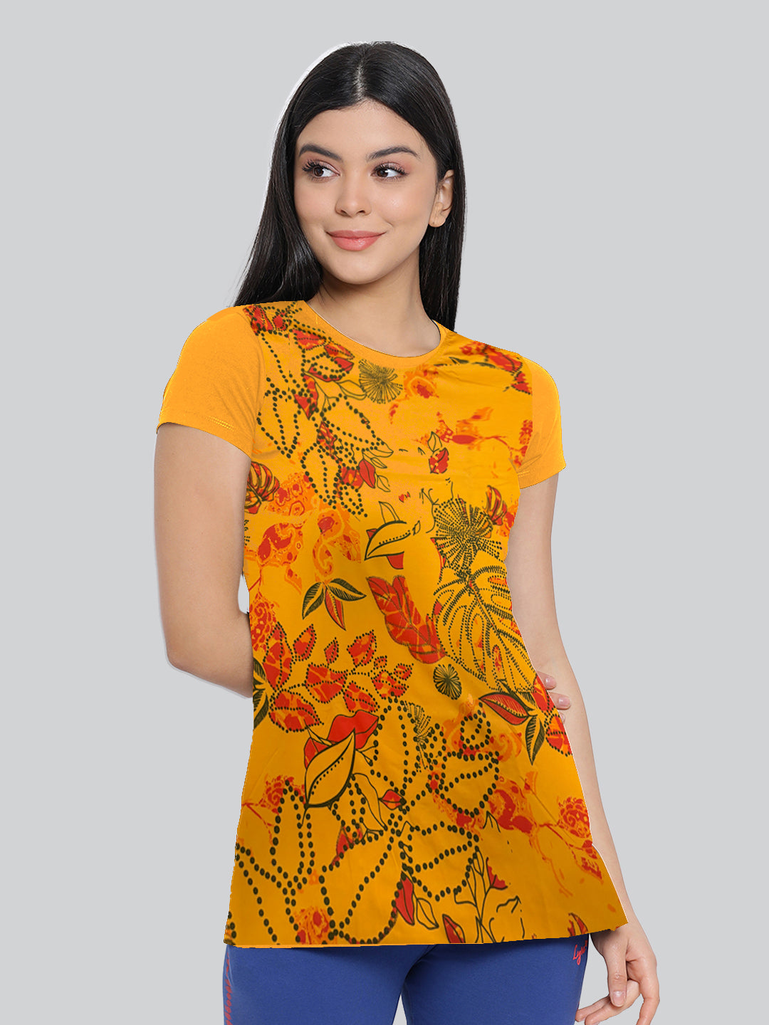 Yellow Printed Round Neck Long T-Shirt #406