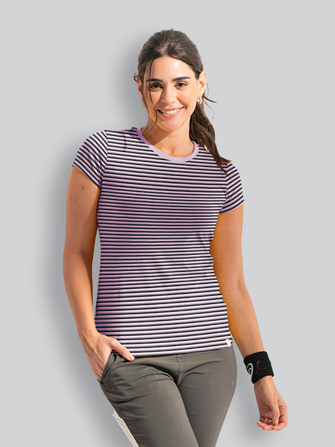 Violet Base with Grey and Black Stripes Round Neck T-Shirt #404