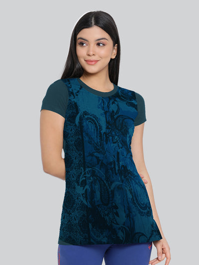 Blue Printed Round Neck Long T-Shirt #406