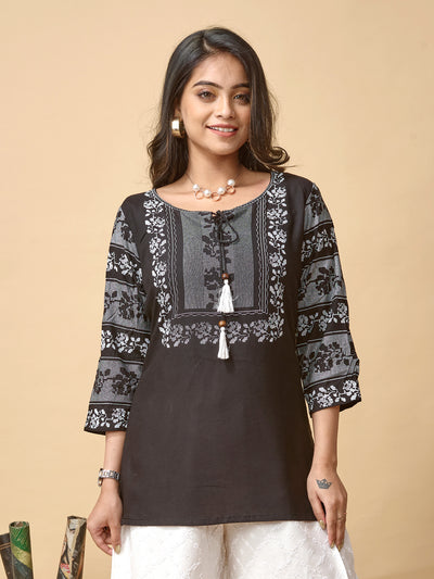 Black Printed Woven Rayon Tunic #433