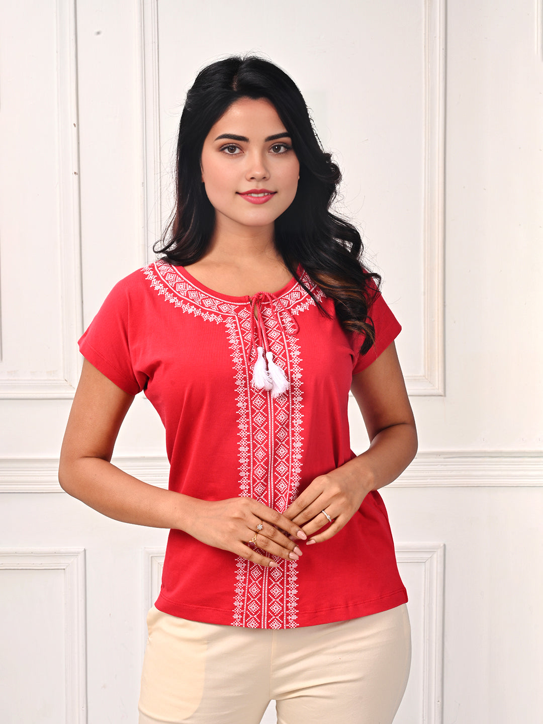 Lyra Red Tassel Neck Printed T-shirt # 415