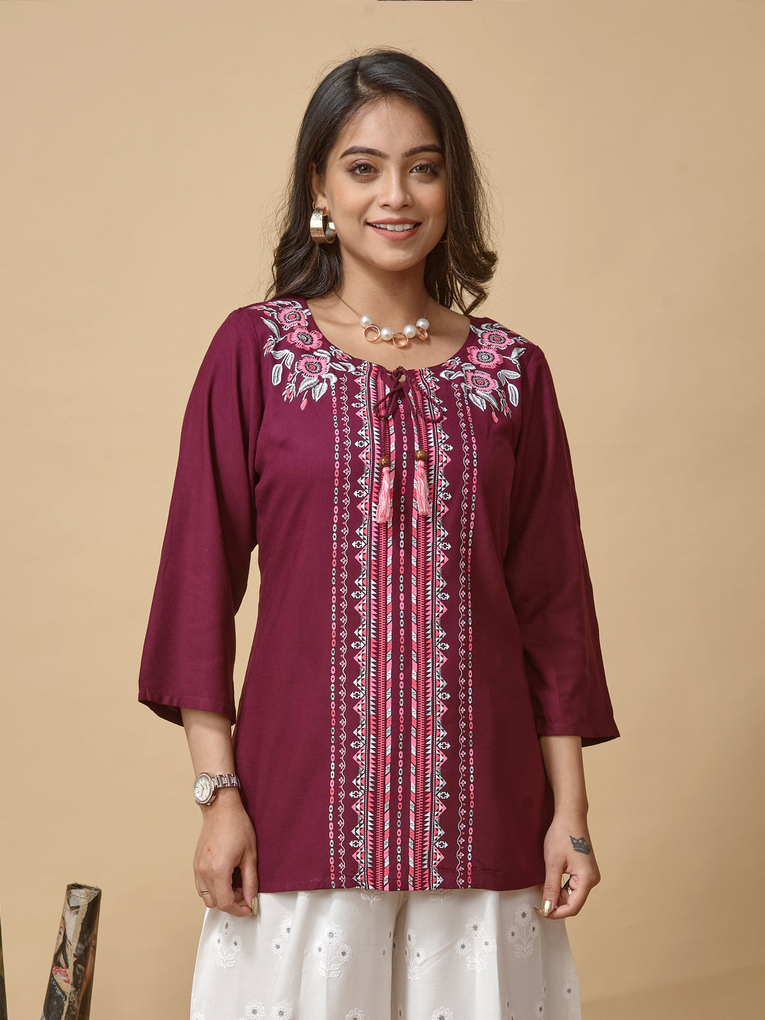 Maroon Printed Woven Rayon Tunic #433