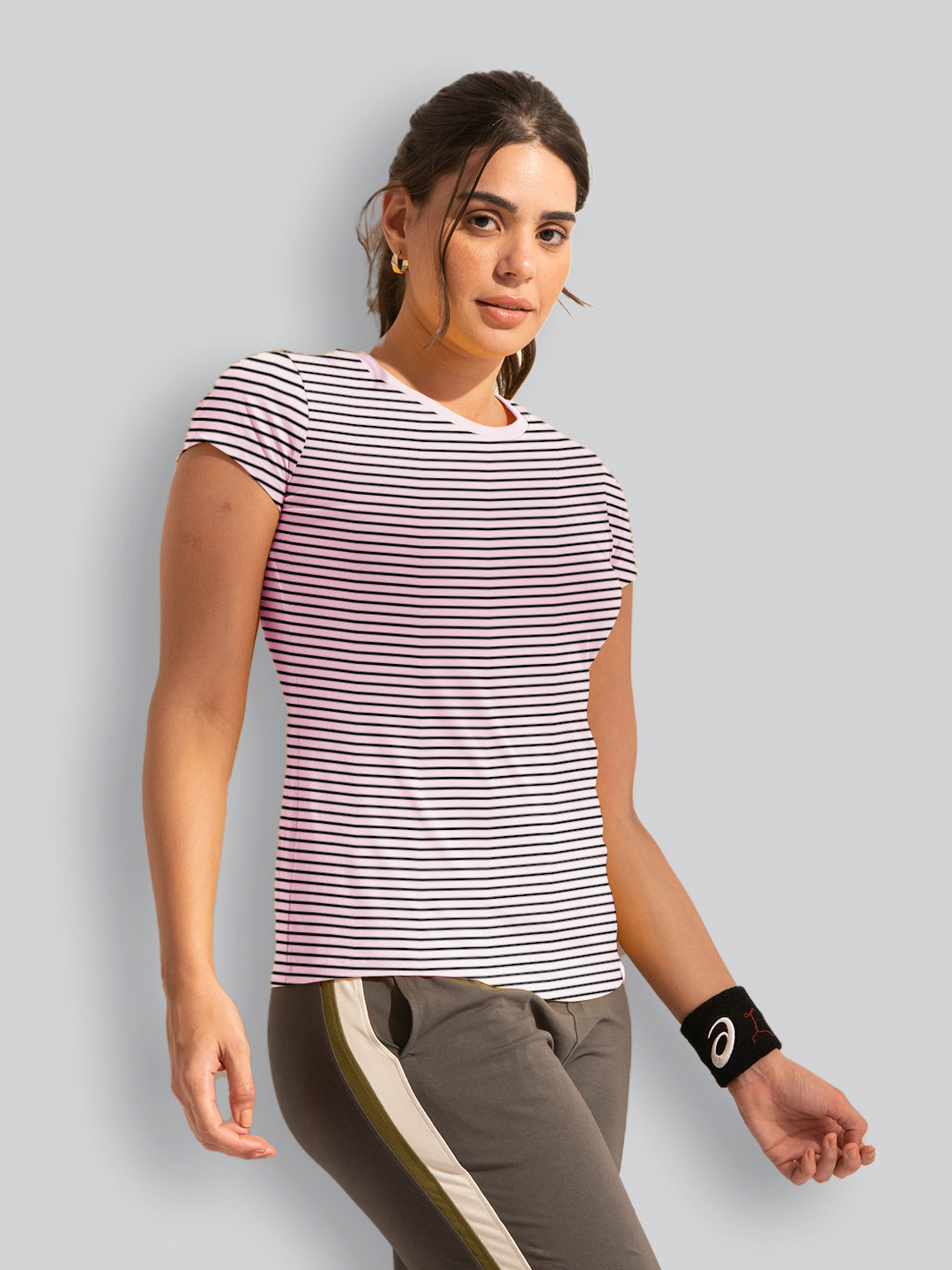 Pink Base with Black Stripes Round Neck T-Shirt #404