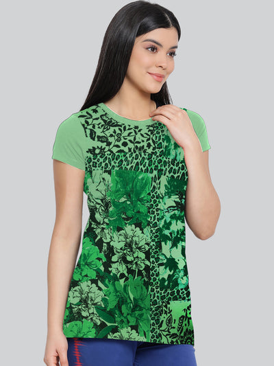 Green Printed Round Neck Long T-Shirt #406