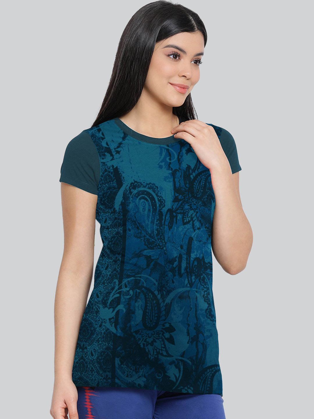 Blue Printed Round Neck Long T-Shirt #406