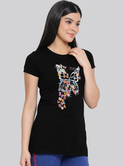 Black Printed Round Neck Long T-Shirt #406