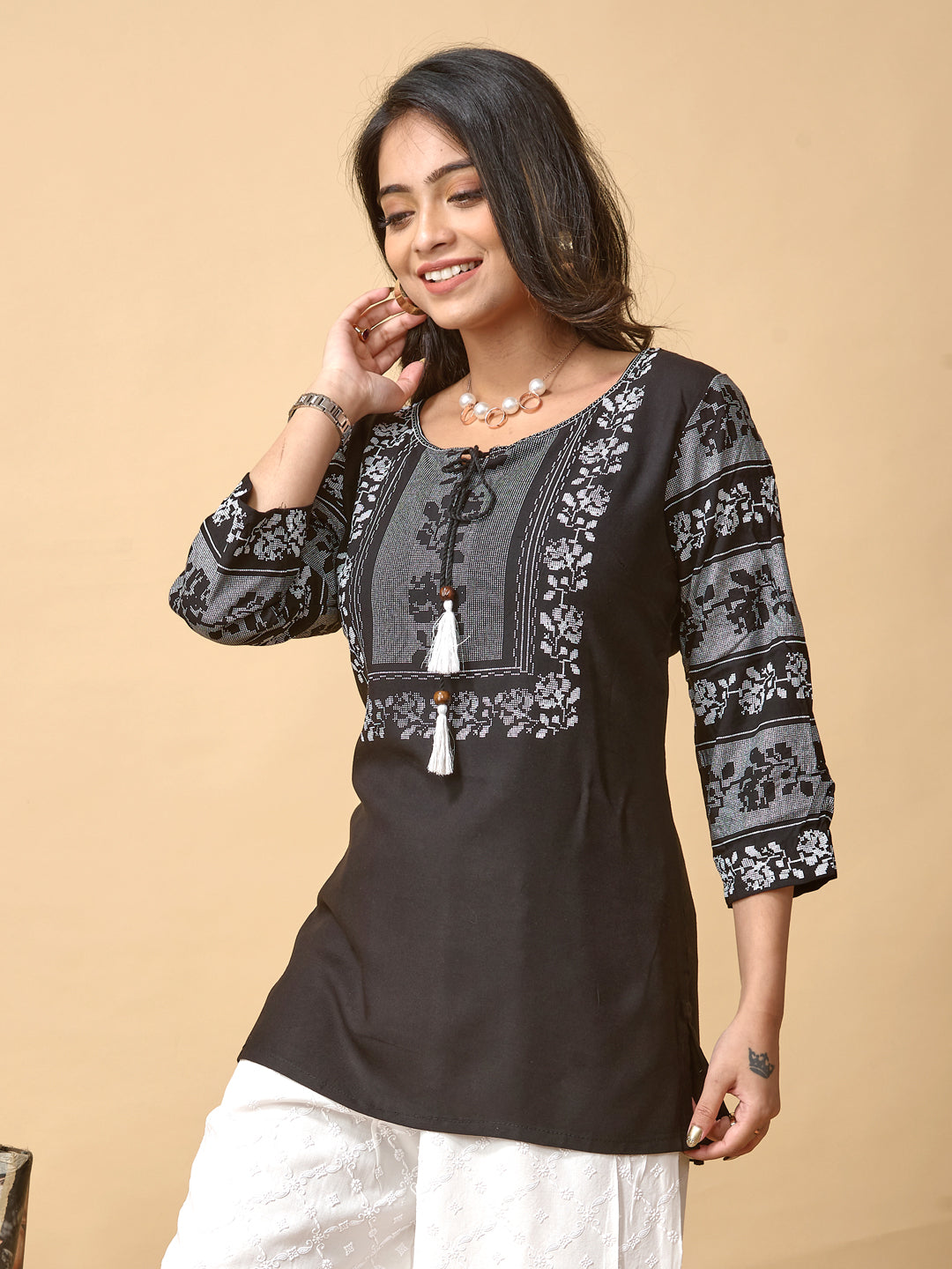 Black Printed Woven Rayon Tunic #433