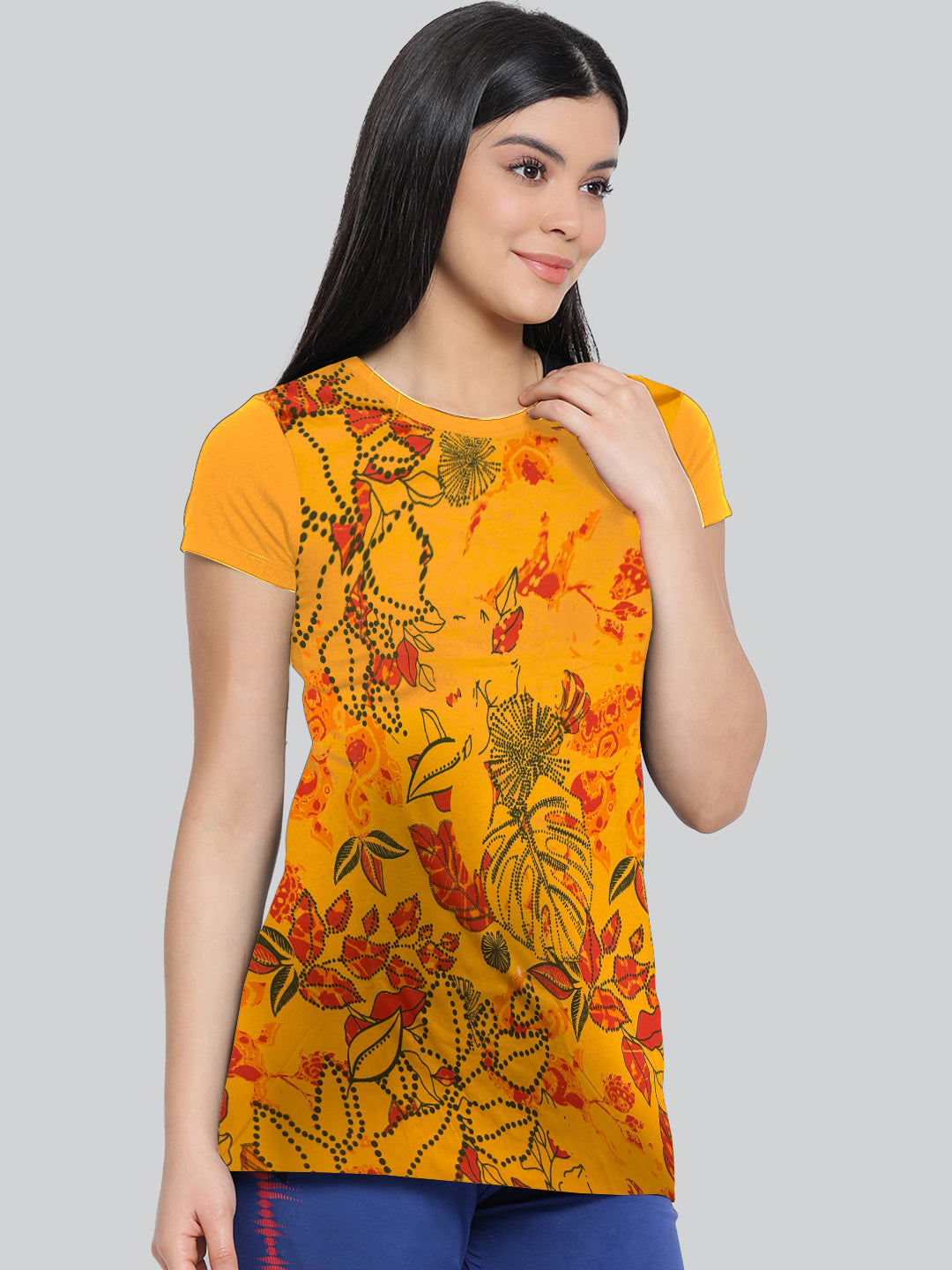 Yellow Printed Round Neck Long T-Shirt #406