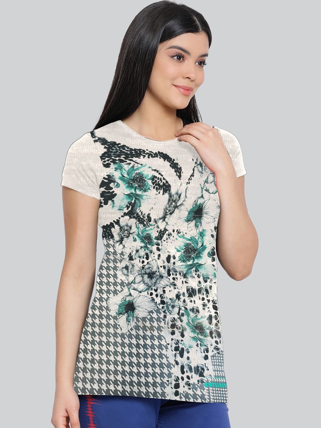 White Printed Round Neck Long T-Shirt #406