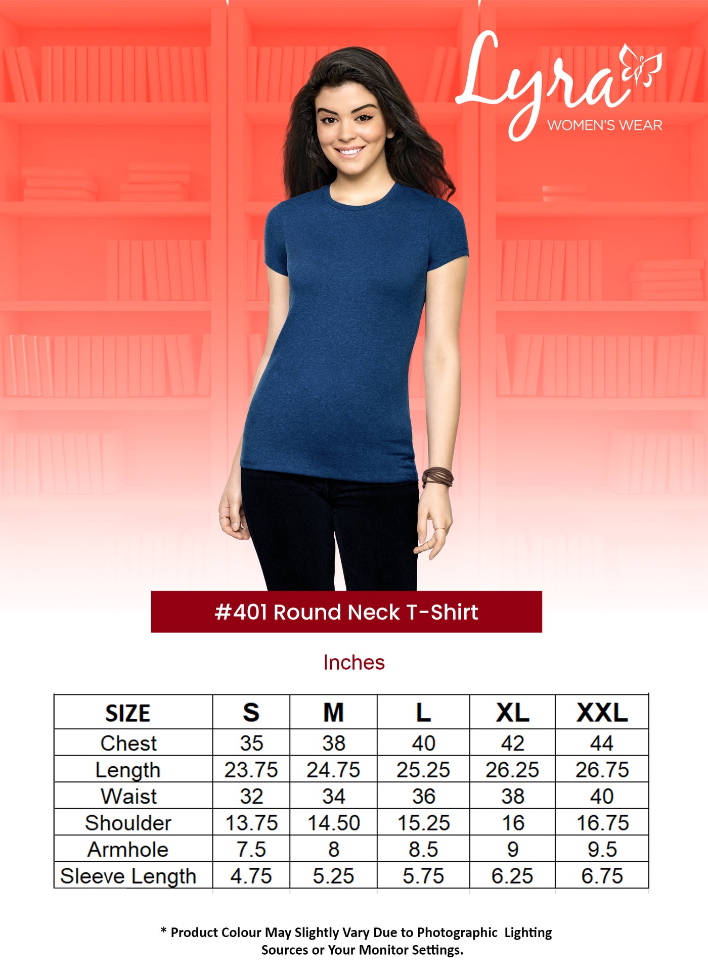 Round Neck Red T Shirt For Ladies - Size Chart