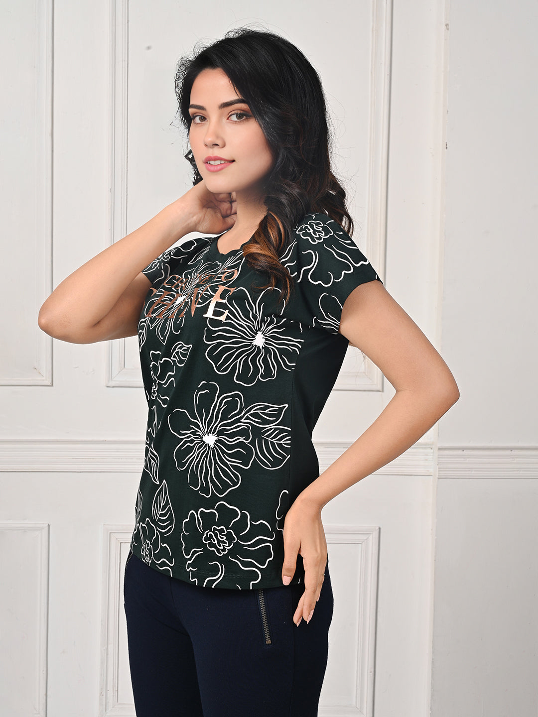 Lyra Green Round Neck Printed T-shirt #417 – Front Allover Design