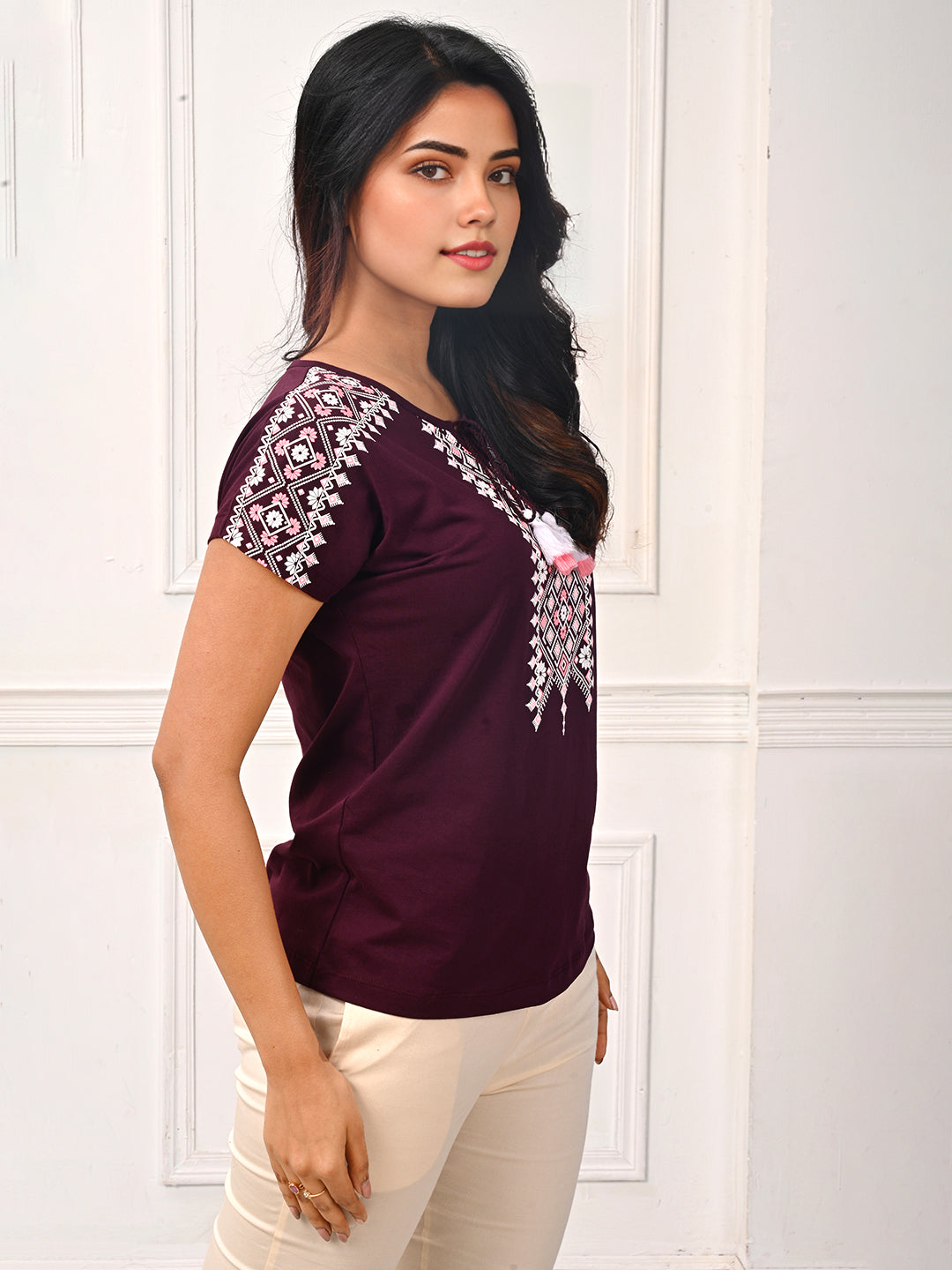 Lyra Magenta Purple Tassel Neck Printed T-shirt # 415