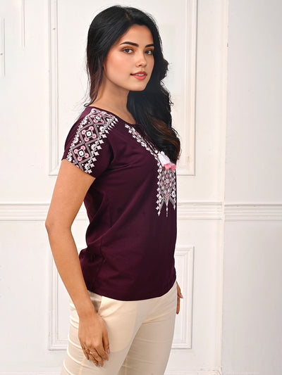 Lyra Magenta Purple Tassel Neck Printed T-shirt # 415