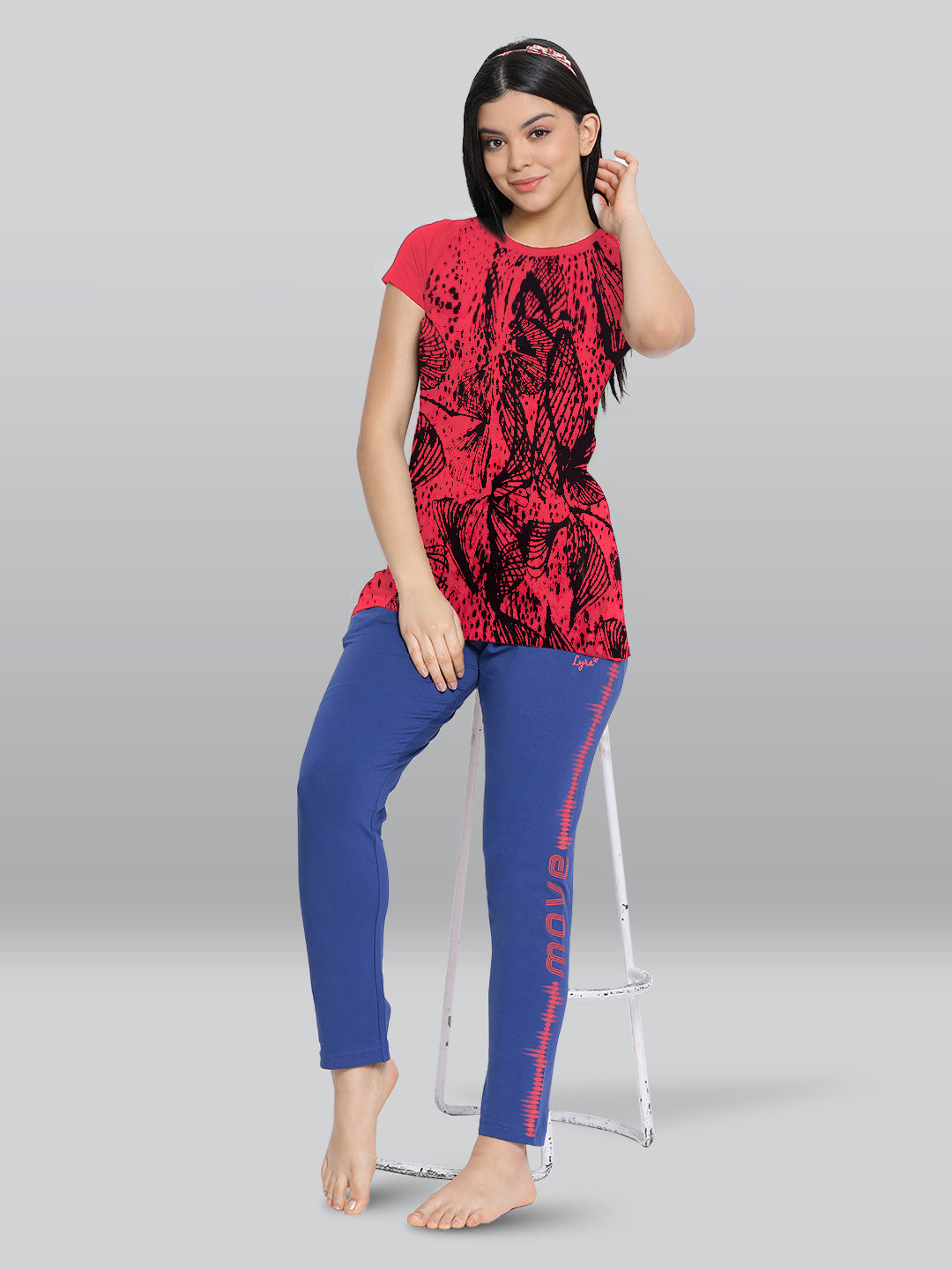 Red Printed Round Neck Long T-Shirt #406