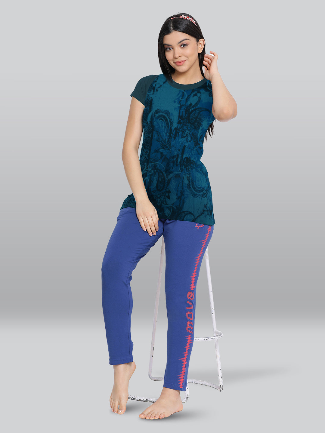 Blue Printed Round Neck Long T-Shirt #406