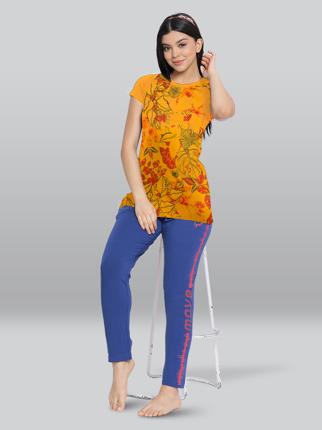 Yellow Printed Round Neck Long T-Shirt #406