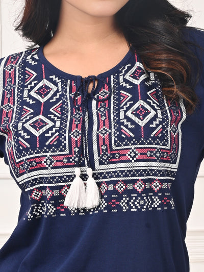 Blue Printed Round Neck with Tassel Tunic Top # 415