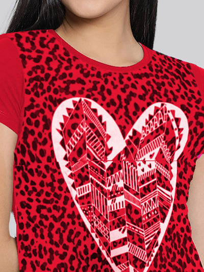 Red Printed Round Neck Long T-Shirt #406