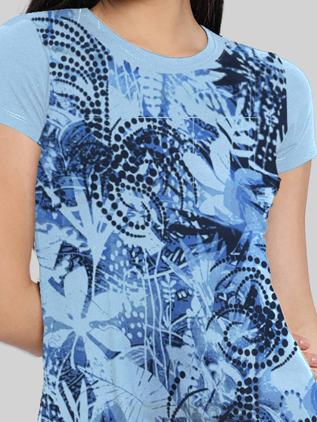 Blue Printed Round Neck Long T-Shirt #406