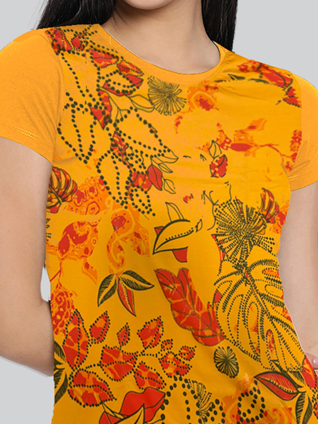 Yellow Printed Round Neck Long T-Shirt #406