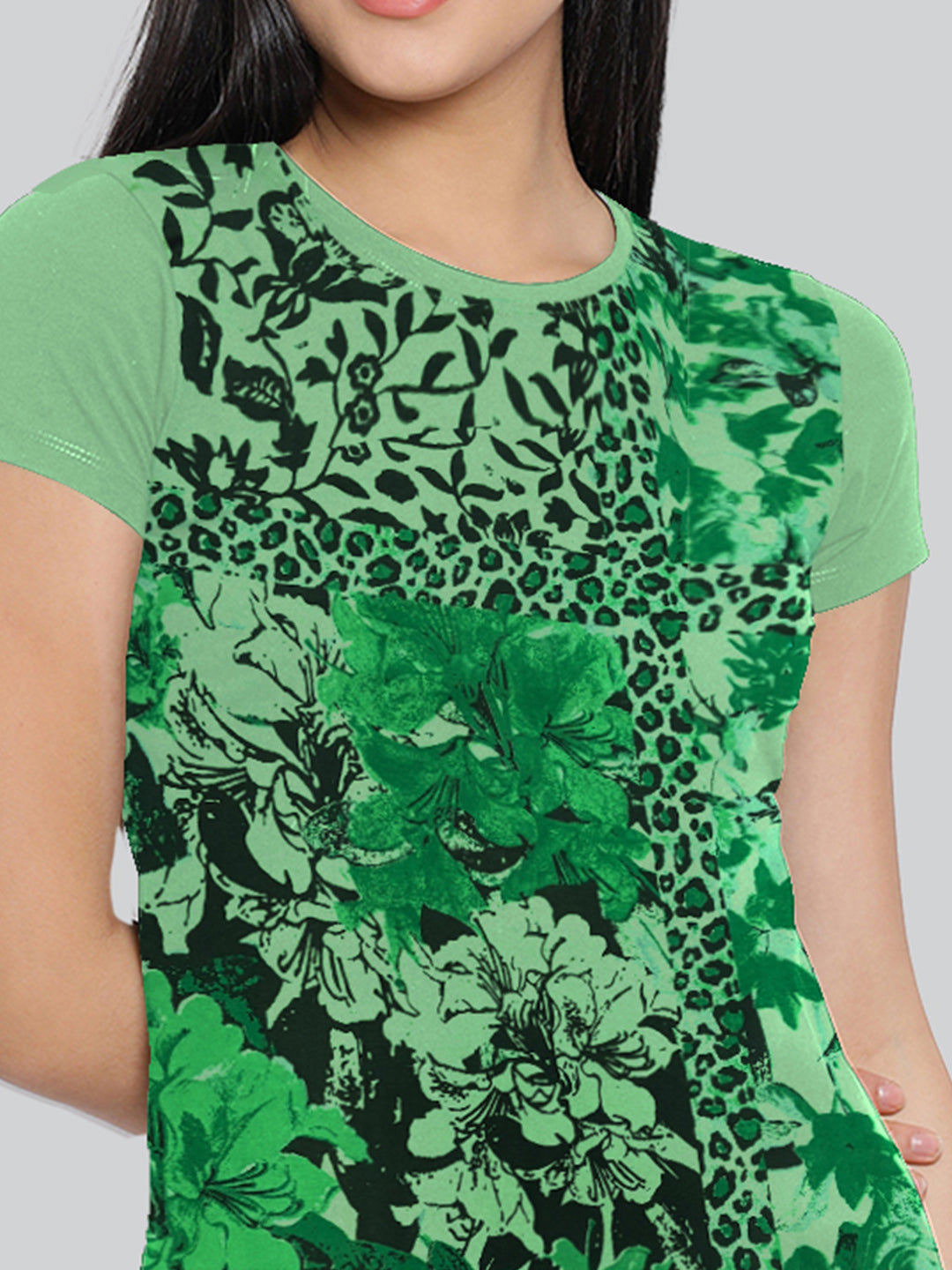 Green Printed Round Neck Long T-Shirt #406