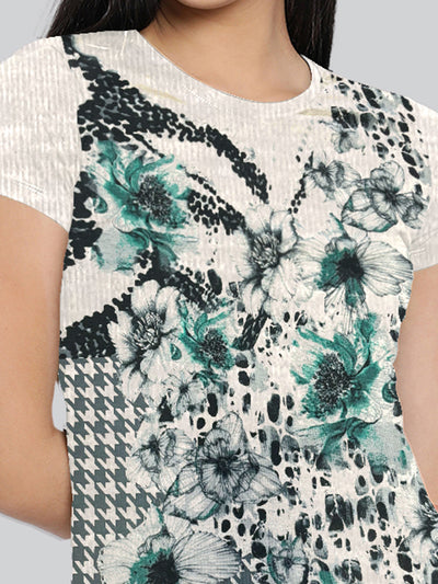 White Printed Round Neck Long T-Shirt #406