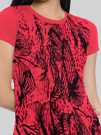 Red Printed Round Neck Long T-Shirt #406