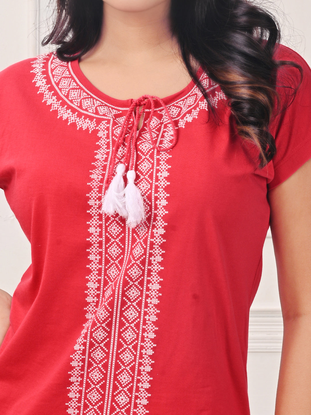 Lyra Red Tassel Neck Printed T-shirt # 415