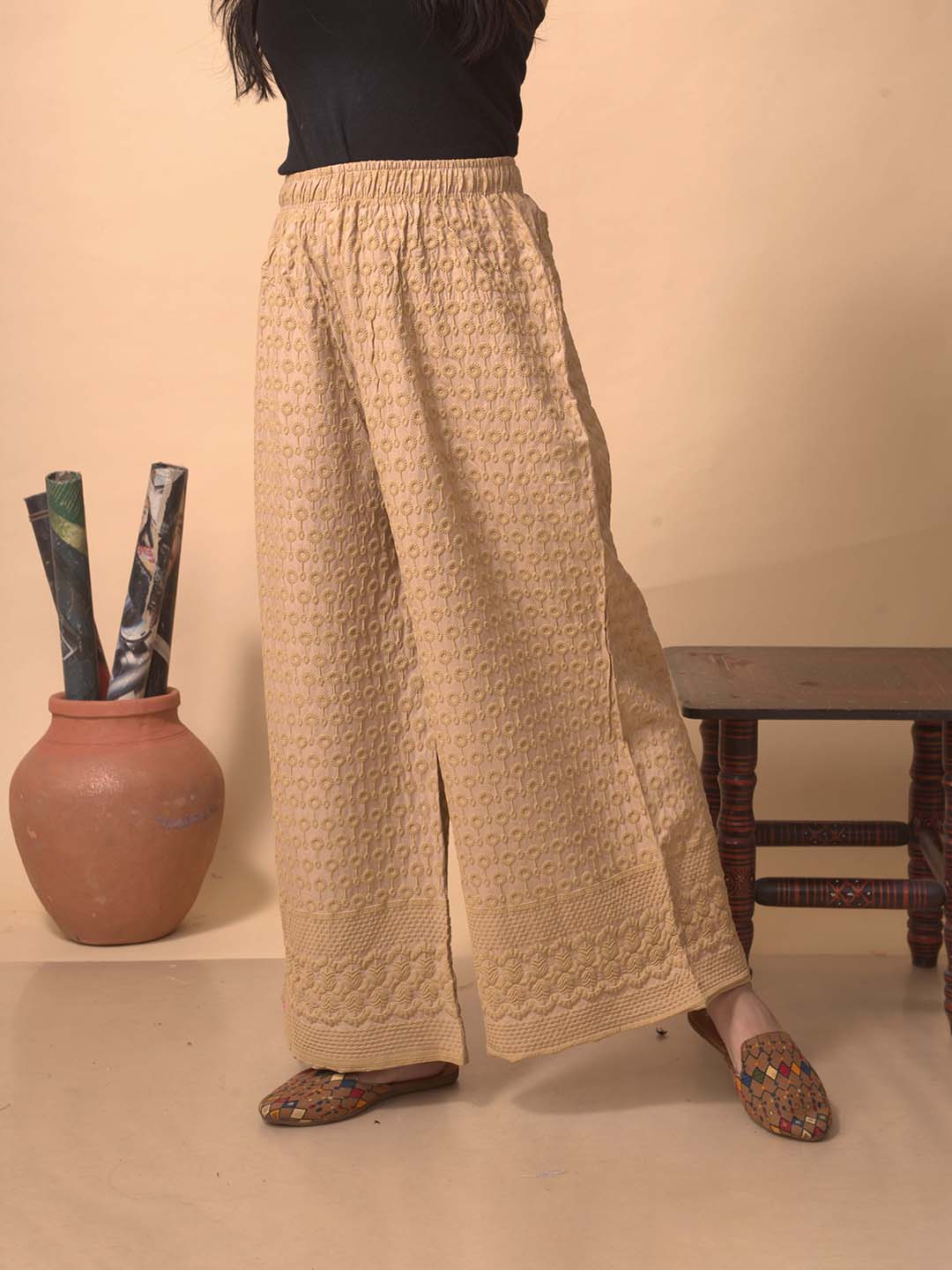 Beige Chikankari Palazzo - LYRA